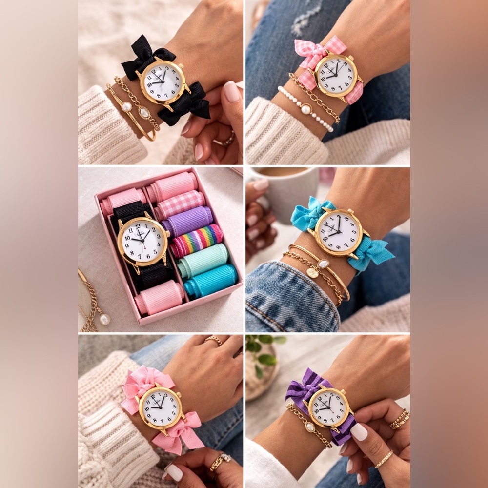 Pretty Round Gold Toned Watch With 13 Ribbons for DIY Watchbands